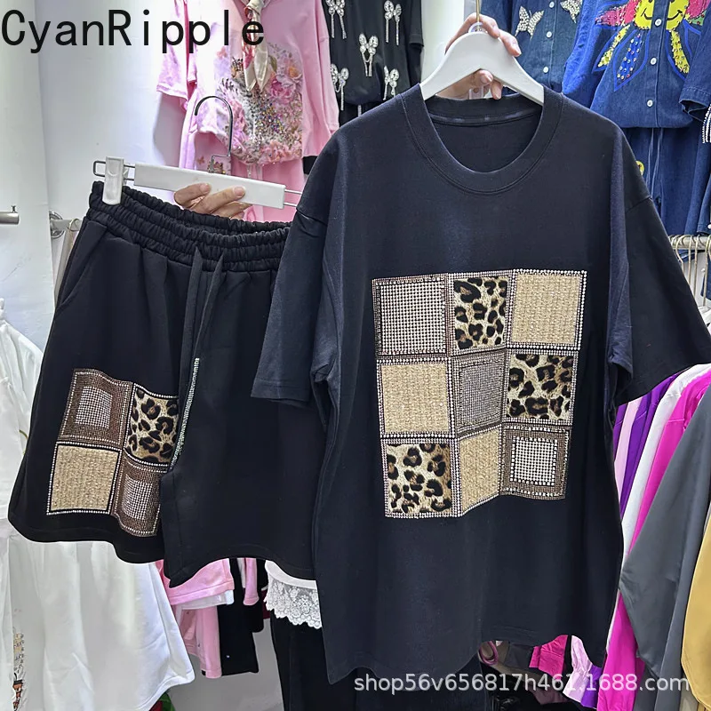 

Trendy Summer Women Two-piece Set Hot Diamond Plaid Loose Short Sleeve T-shirt Top + Elastic Waist Casual A-line Wide Leg Shorts