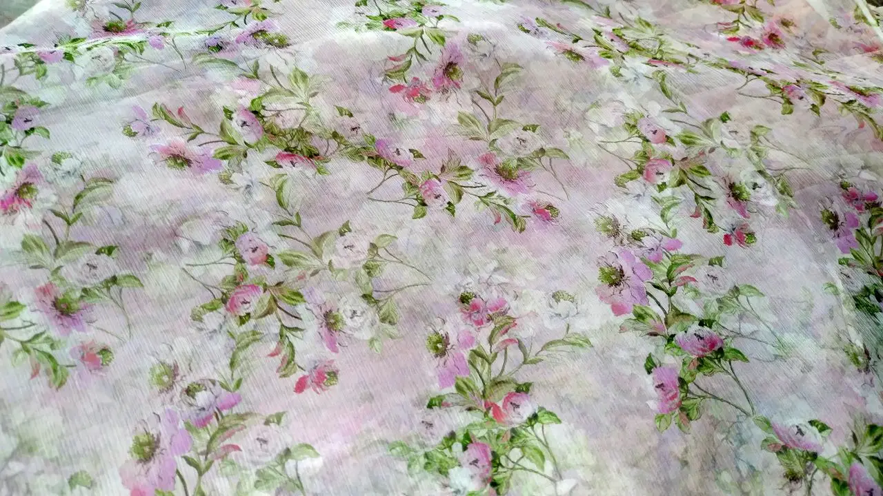 Real 100% pure mulberry silk chiffon fabric pleat pink floral print designer tulle fabrics sewing supplies summer dress handmade