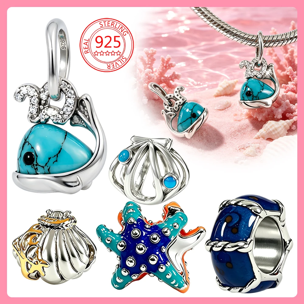 Two-tone Starfish Shell CZ Original Charms 925 Sterling Silver Beads Fit Bracelets Bag Keychain Charms Diy Women Gift Accessory