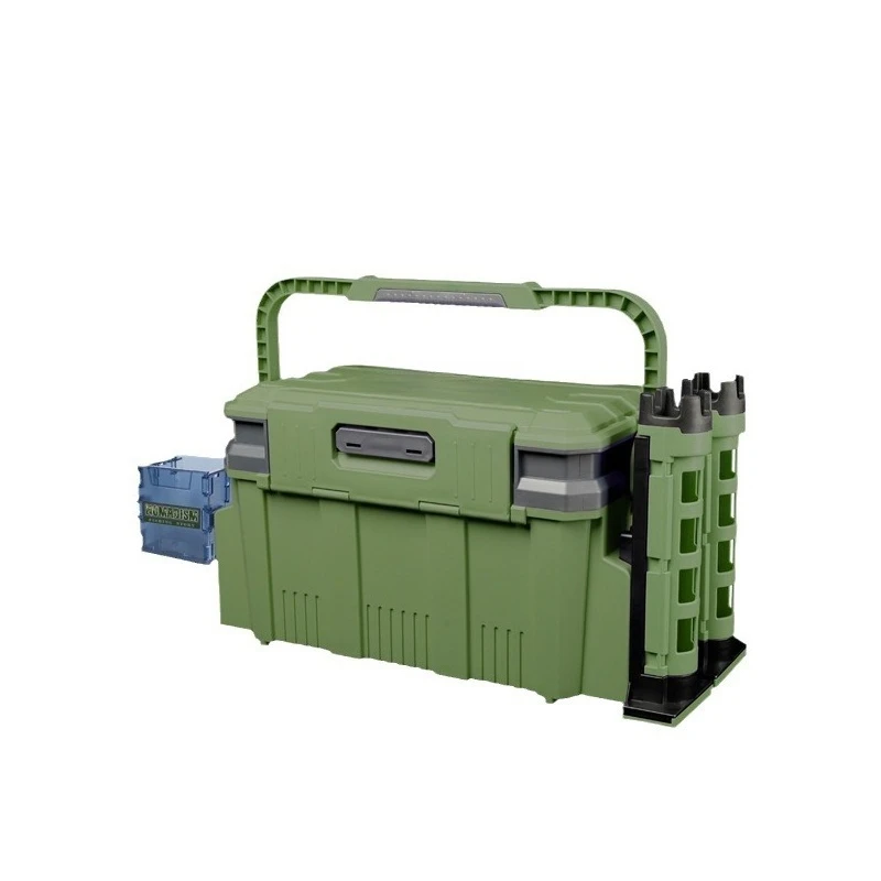 

Large fishing box, equipped with pole frame and water cup holder, can hang lead head hook and other toolboxes