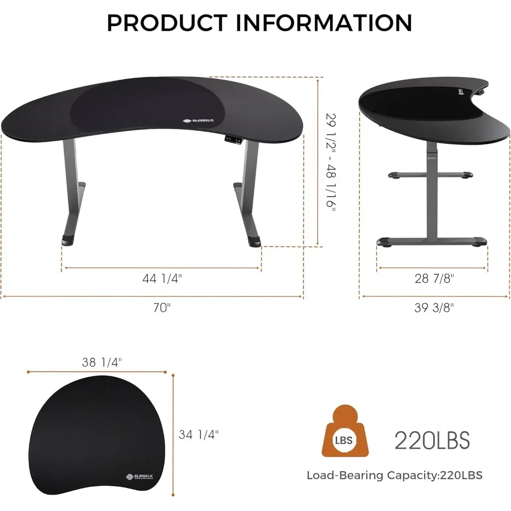 Escritorio de oficina en casa curvo ajustable en altura de 70 pulgadas - Mesa de pie para sentarse de madera ahumada de triamina en forma de anacardo