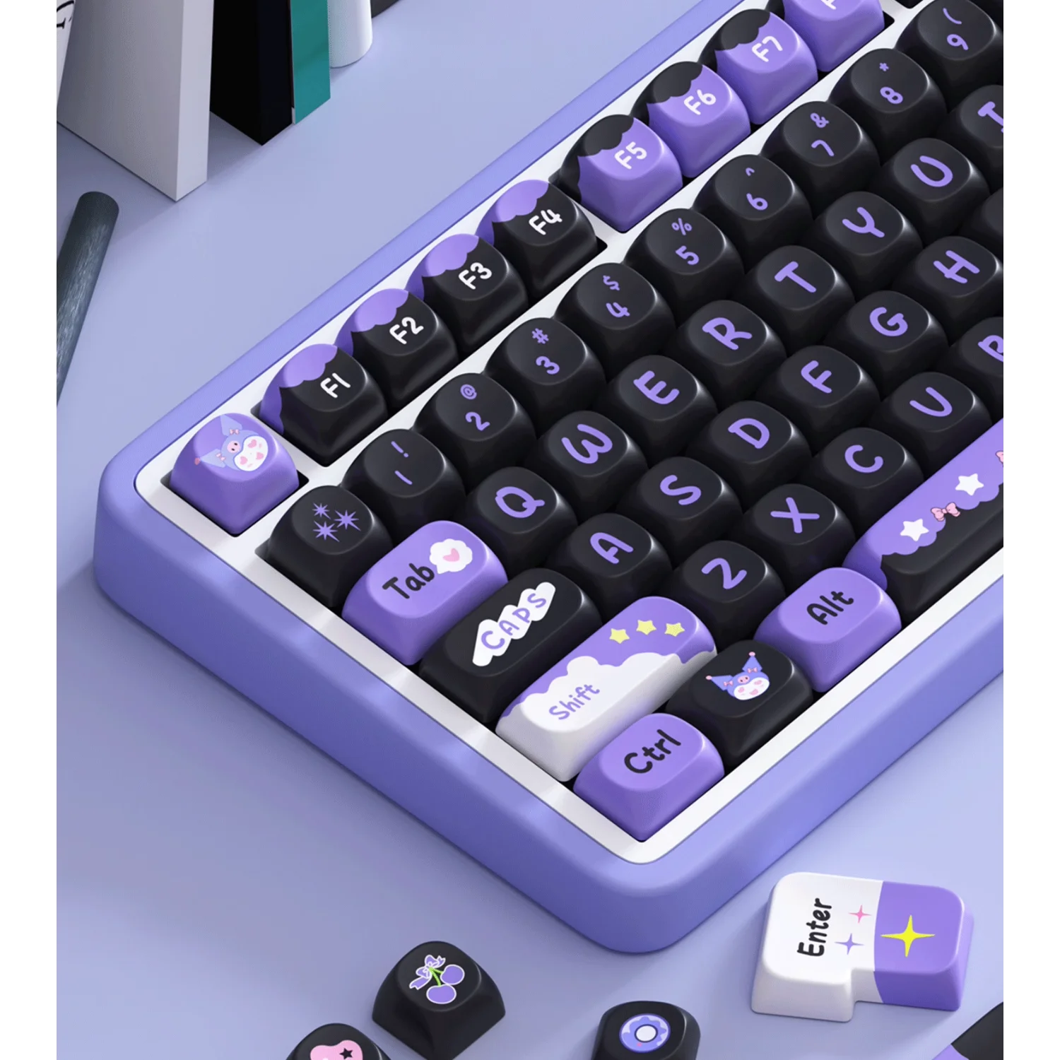 Imagem -05 - Conjunto Completo de Teclado Mecânico para Jogos Teclas Pbt Personalizadas Roxas e Pretas Kurome Meninas 60 64 84 98 108 Pbt