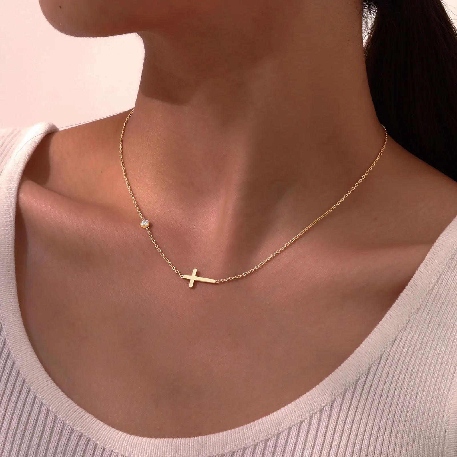 Set Chic Cross Chain Bracelet Necklace for Women , Shiny CZ Zircon Charm Necklace Bracelets, Gold Color Luxury Jewelry Gifts