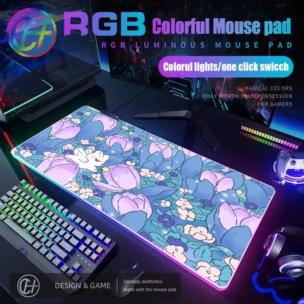 

Cute Tulips Flower Bunny Mouse Pad RGB Gaming Mouse Pad Desk Mat HD Gamer Large LED Light XXL Mouse Pad 90x40cm