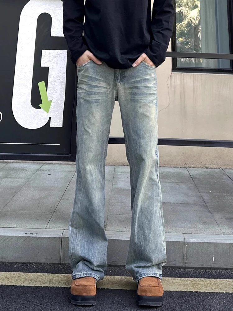 

Retro American Vibe Men's Slim Fit Jeans Bamboo Texture Waed out Sle CleanFit Narrow Version Faionable Micro Flared Pants