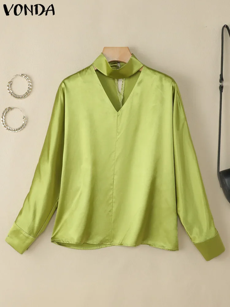 حجم كبير 5XL فوندا المرأة الساتان الحرير بلوزة موضة الخامس الرقبة القمم 2025 بلون أنيق العمل OL تونك عادية 3/4 كم Blusas #4