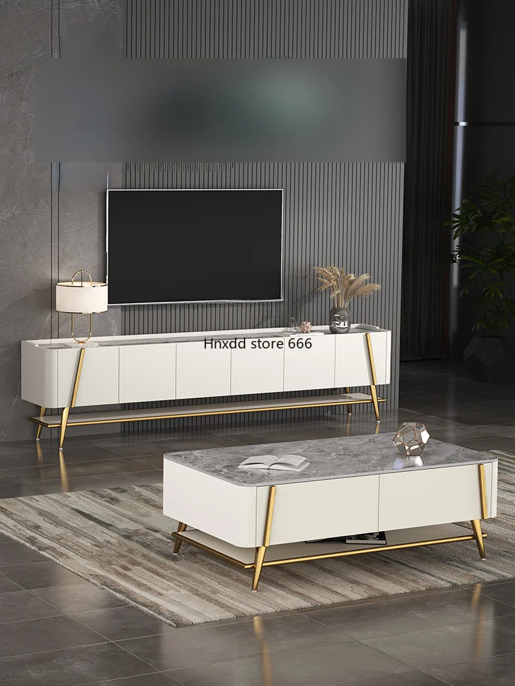 yj Italian Stone Plate TV Cabinet and Tea Table Combination Modern Light Luxury TV Stand Minimalist High-Leg Floor Cabinet