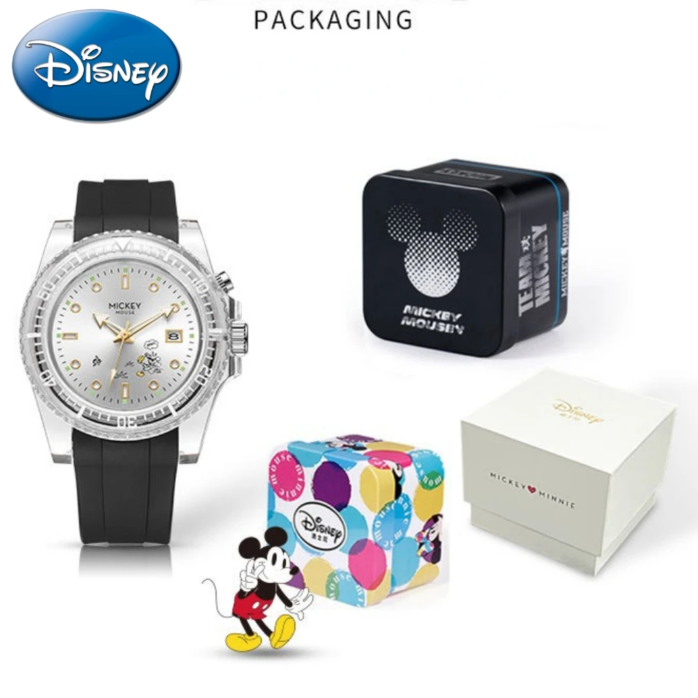 Disney Gift With Box Mickey Transparent Play Cool Light Dial Luminous Calendar Student Quartz Watch Zegarek Relojes Sumergibles