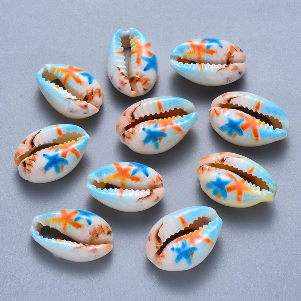 10pcs Printed Cowrie Shell Beads No Hole/Undrilled Sea Turtle Pattern Spiral Seashells for Beach Charms DIY jewelry Making Decor