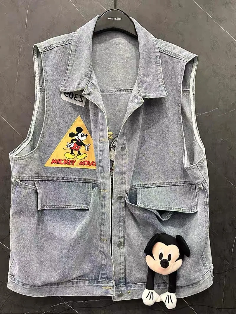 

Весенне-осенний новый 3D декоративный джинсовый жилет с Микки Маусом, свободный уличный модный брендовый жилет, женские повседневные универсальные топы