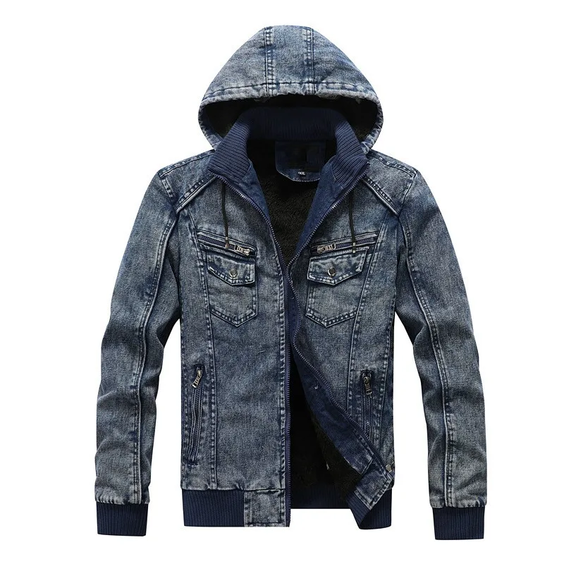 

2025 Autumn and Winter New Fleece Thickened Youth Denim Jacket Men's Denim Top Blue Outerwear Warm Hooded Zipper Pockets Jackets