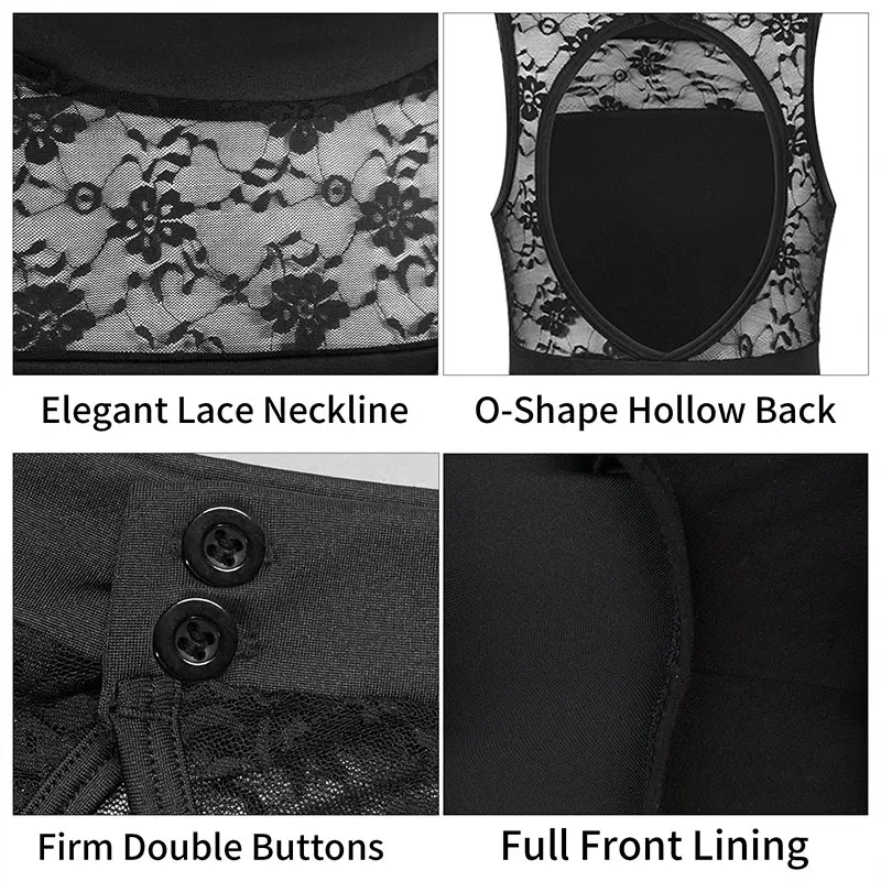 بدلة نسائية سوداء بياقة مدورة ، ملابس رقص باليه ، ربط دانتيل متين ، ظهر كبير بيضاوي الشكل ، ملابس باليه