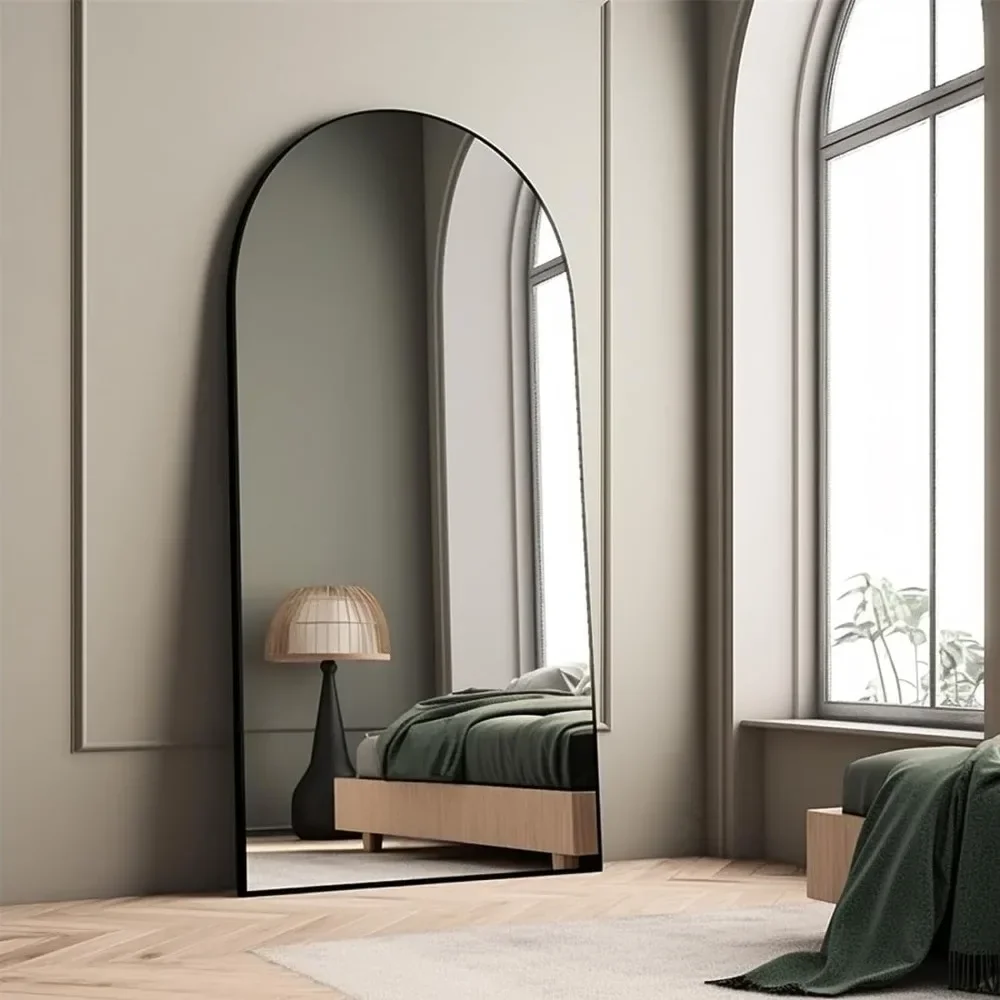 Espejo de piso arqueado de longitud completa con soporte, marco de aleación de aluminio, espejo grande para sala de estar, dormitorio, cuerpo colgante, 71 "x 32"