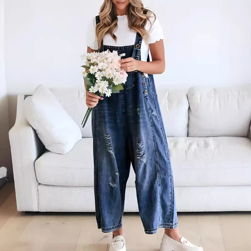 Overalls Women's Fashion Retro Distressed Relaxed Fit Wide Leg Casual Denim Pockets New Comfortable Minimalist Versatile Niche