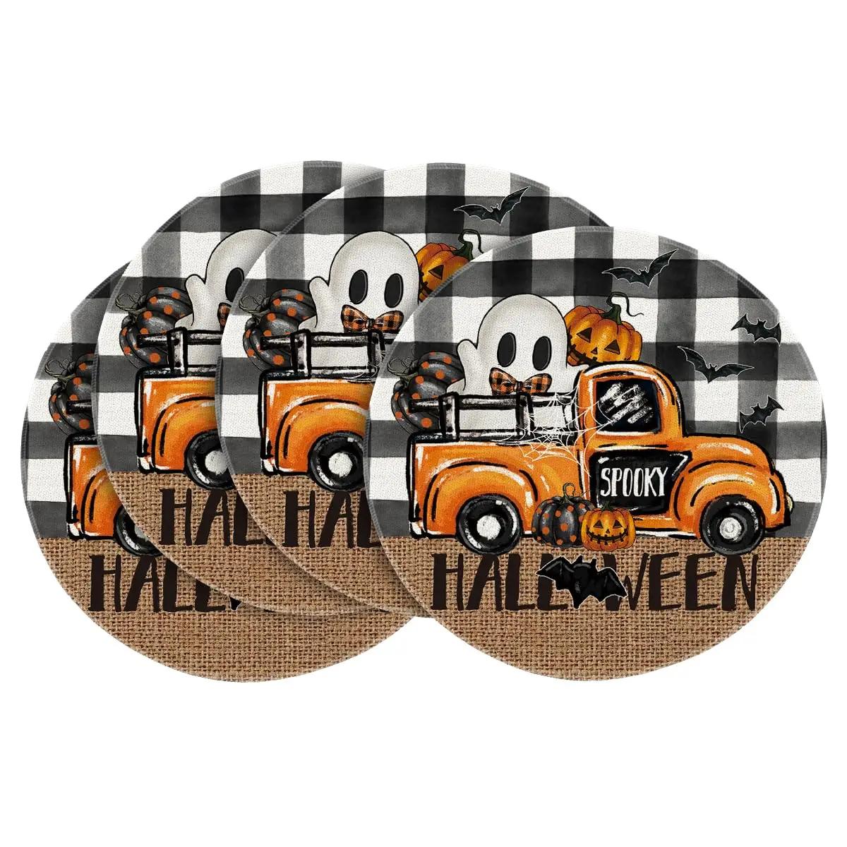 

Ghost Truck Halloween Round Placemats , 14 Inch Holiday Bat Round Table Mats for Party Kitchen Dining Decoration
