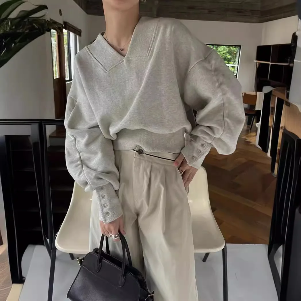 Women Pullover Sweatshirts Coats Solid Jackets Lantern Sleeves V Neck Loose Fit Slight Strech Office Lady Casual 2025 Autumn