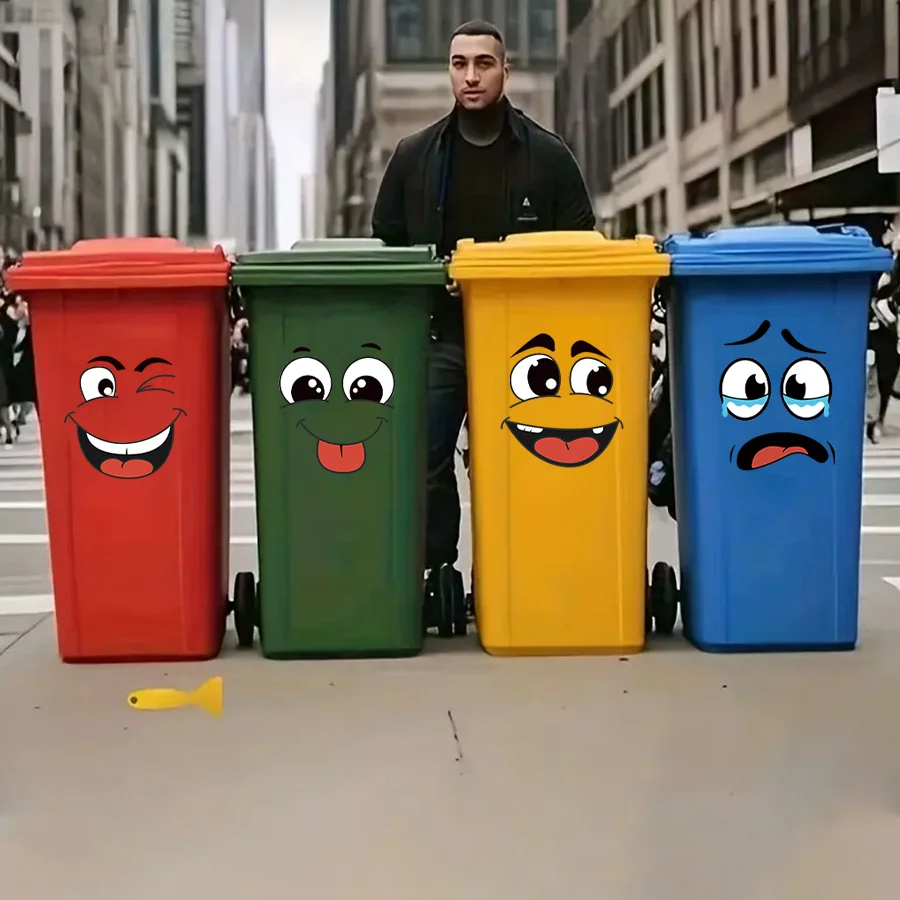 4 Pcs/Set Cartoon Face Bin Stickers Self-Adhesive Home Decor For Trash Can Wall Toilet Decor Refrigerator Fun Themed Decor