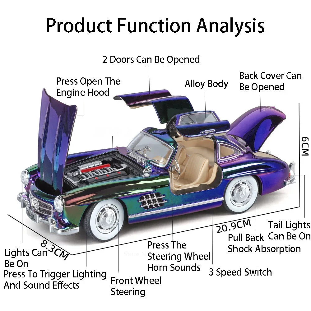 1:24 Scale Alloy 300SL Vintage Cars Toys Models 4 Doors Opened Vehicles Rubber Tires Sound Light Car Kids Children's Day Gifts