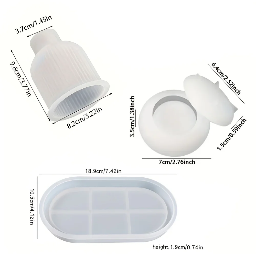 

3pc Resin Silicone Mold for Candlestick Striped Vase, DIY Storage Box, Storage Plate, Gypsum Cement Tray with Epoxy Resin