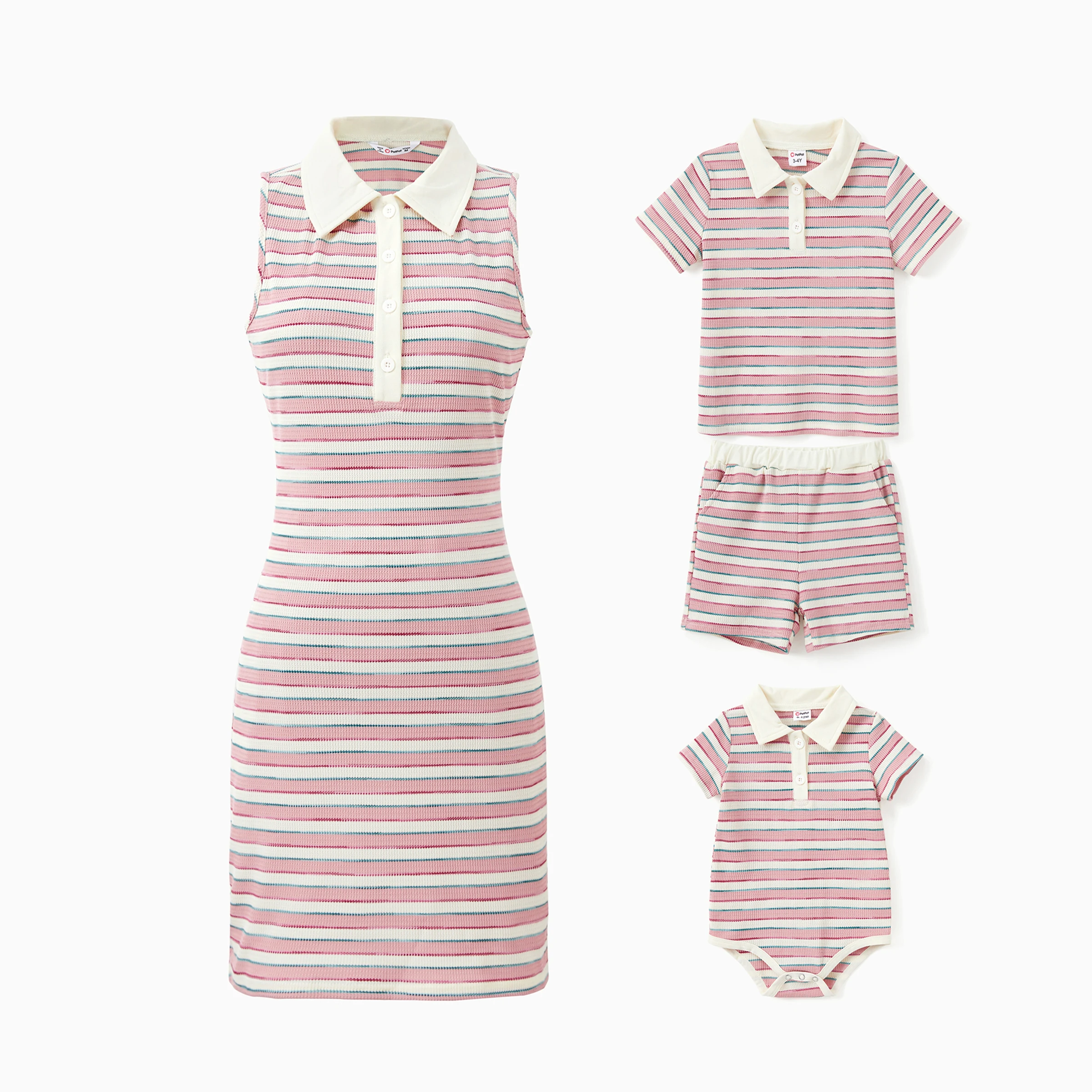 

PatPat Mommy and Me Preppy Style Pink and White Striped Sleeves Polo Neck Bodycon Dress/Co-ord set