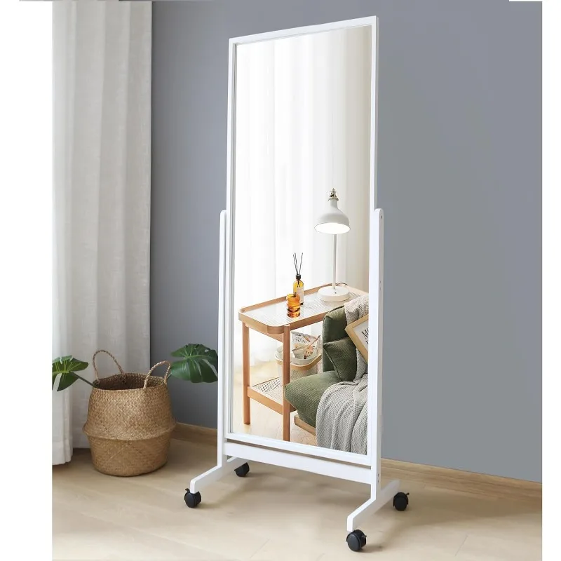 Swivel Adjustable Full Length Mirror on Wheels, Pine Wood Frame Cheval Bedroom Floor Mirror Dressing Body