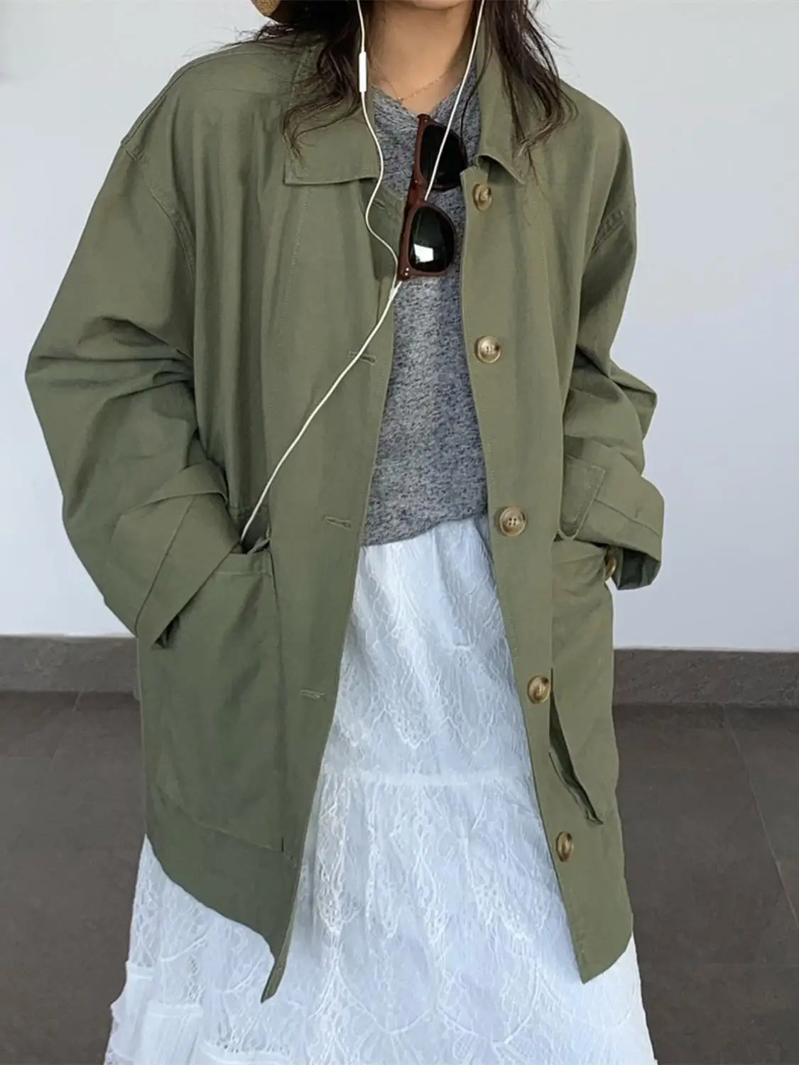 

Military een Workwear Sle Jaet Women's Mid-Length Loose Outerwear Open Cardigan Spring 2025 New Arrival Coat