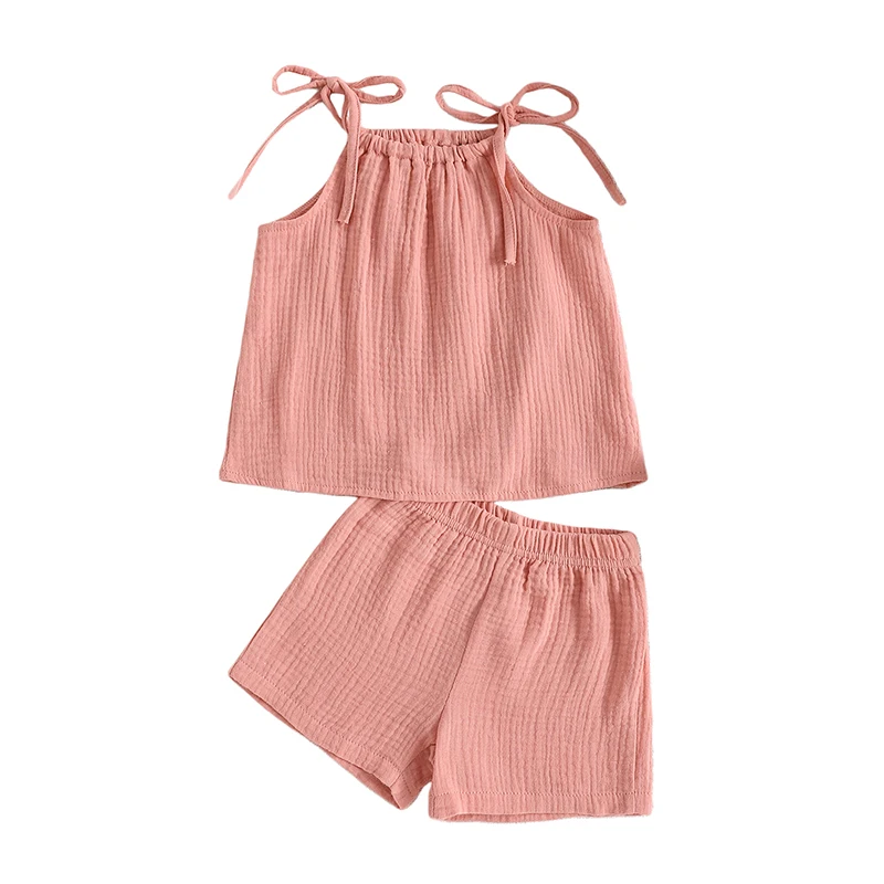 

2Pcs Baby Girl Summer Outfits Sleeveless Tie Strap Tank Tops Shorts Set Toddler Clothes