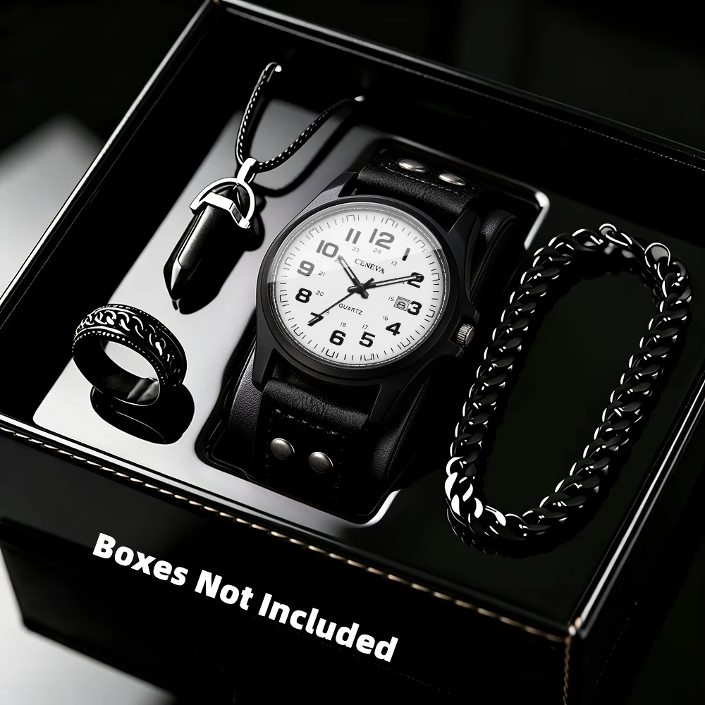 4PCS Fashion Men's Watch Jewelry Set Casual Leather Strap Calendar Military Sports Wristwatch Relogio Masculino（Without Box