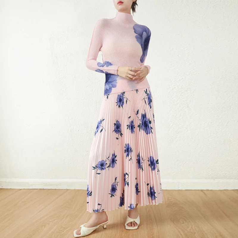 2025 Summer Women's Printed Pleated 2 Piece Set - Long Sleeve Shirt and Pleated Skirt