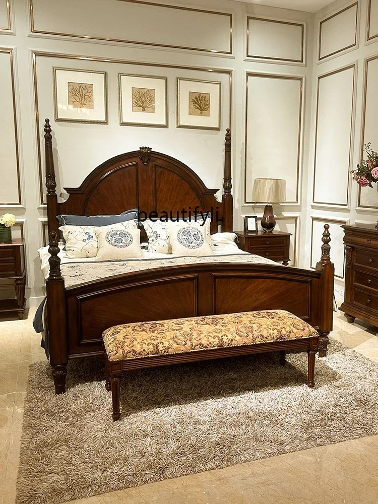 Q181  American Retro Victoria Solid Wood Double Bed Roman Column 1.8 M Double Classical Villa Furniture