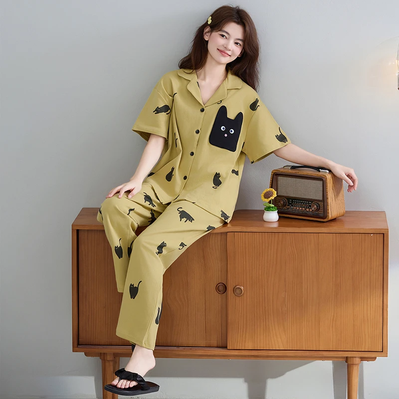 

Big Size M-4XL Summer Knited Cotton Pajamas Set Female Turn-down Collar Homewear Short Sleeve Long Pants Sleepwear Suits