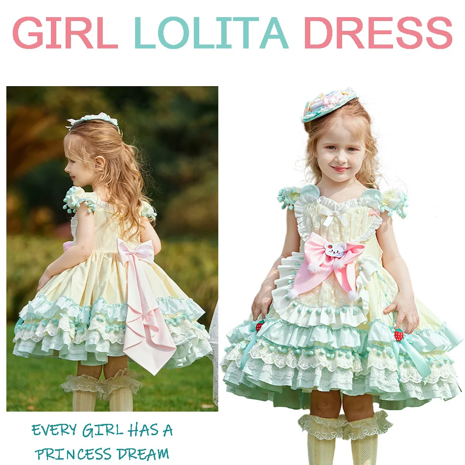 

Flower Girl Dress New Spring and Summer Girls Heavy Industry Lolita Princess Gown Children Cute Puffy Dress With Skirt Support