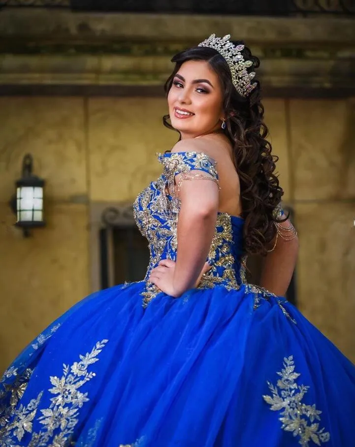 King Blue Cathedral Train Quinceanera Dresses Off Shoulder Applique Tassel Sweet 16 vestido xv años 2024 Lace Up