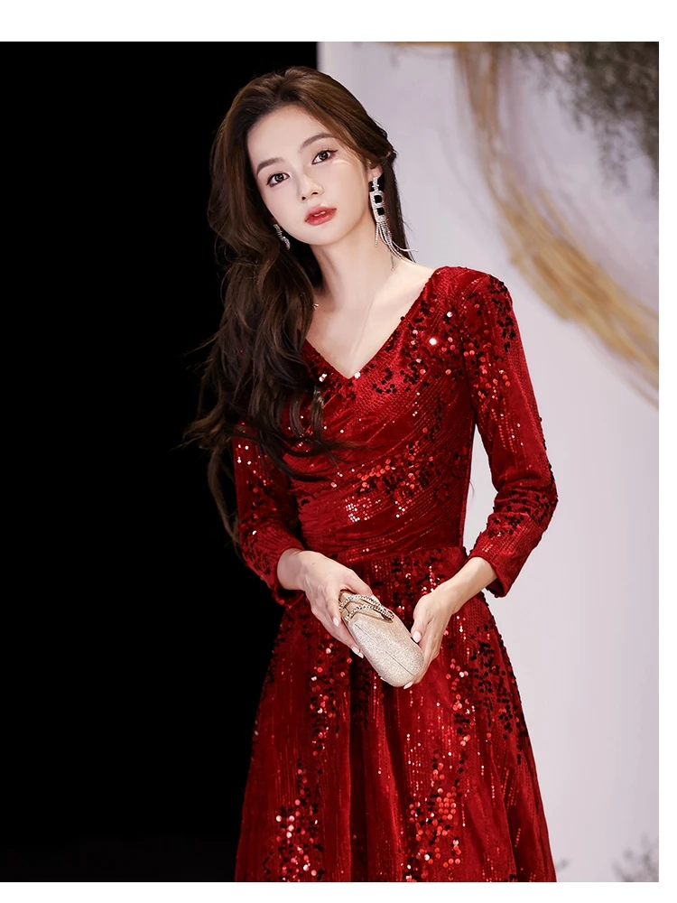 Wine Red Sequin Mother Of The Bride Dresses Elegant V-Neck A-Line Floor-Length Women Special Occasion Gowns