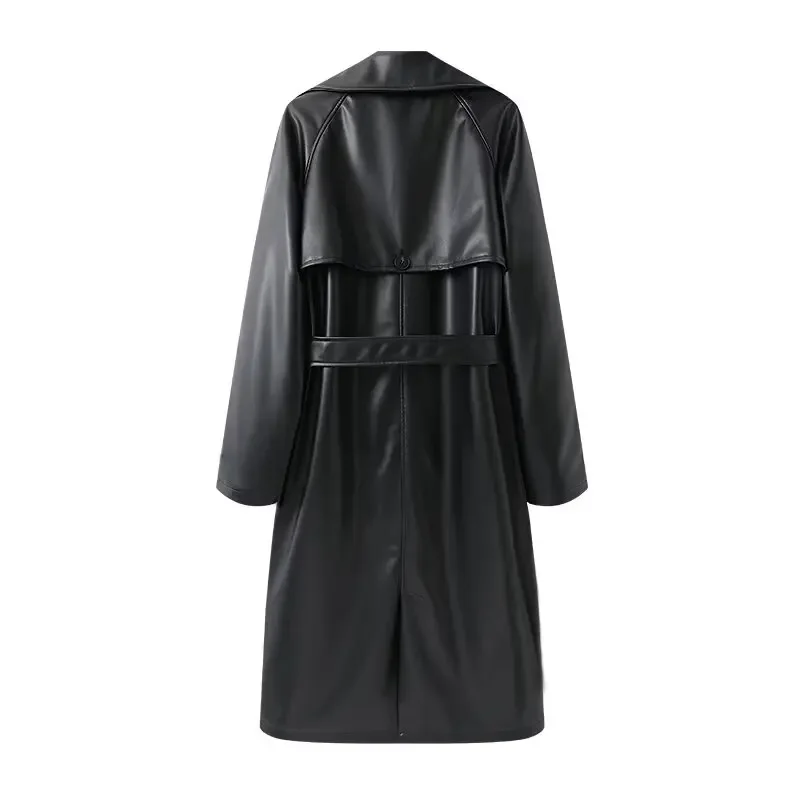 Women's new fashion With belt loose long style double breasted faux leather Trench coat retro long sleeved women's coat chic top