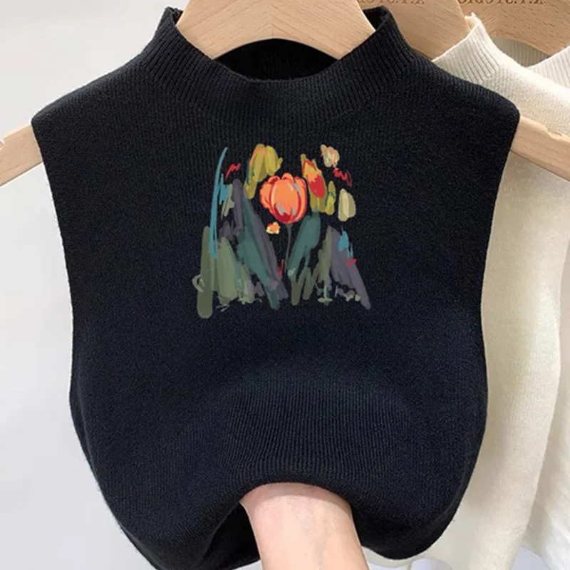 Boring Honey Summer Fashion Black Knitting  Tops Sweet Flower Printing Vest All Match Thin Camis Half-High Collar Womens Tops