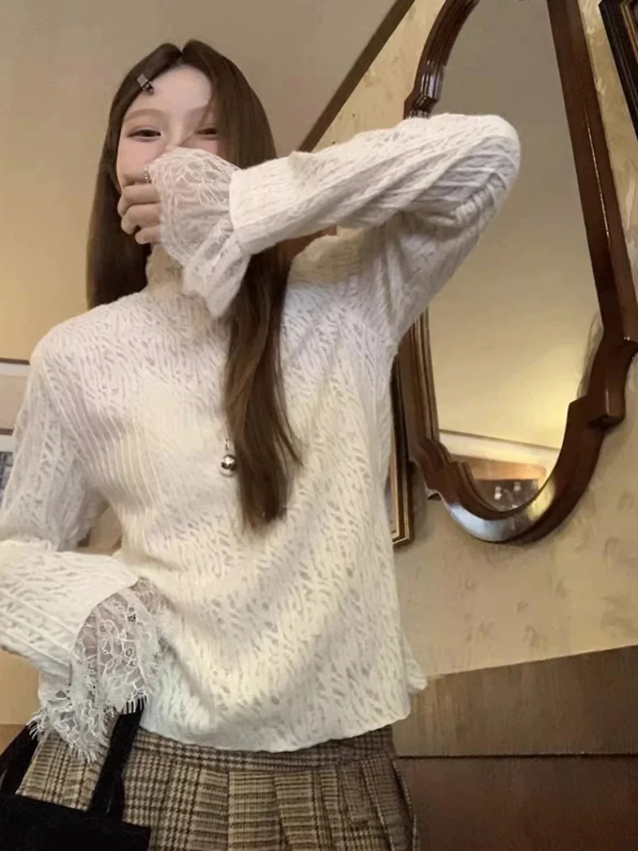 

Faionable Lace irt Women's Slim Fit Long Sve High Collar Base Color Autumn Winter New Sle Design Sense Commute Sle