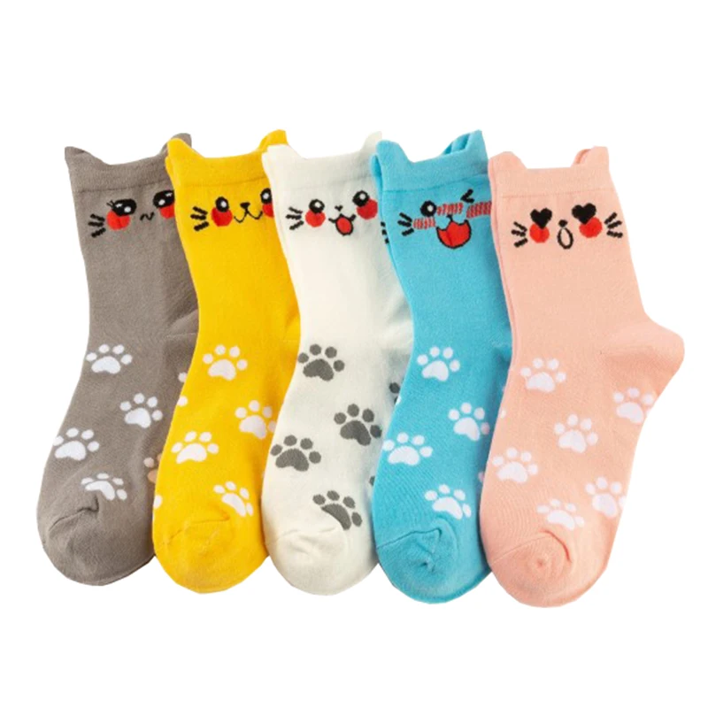 5 Pair/Lot Cute Cartoon Cat Women's Socks 3D Ears Fashion Long Middle Tube Socks Cozy Warm Ankle High Daily Casual Women Socks