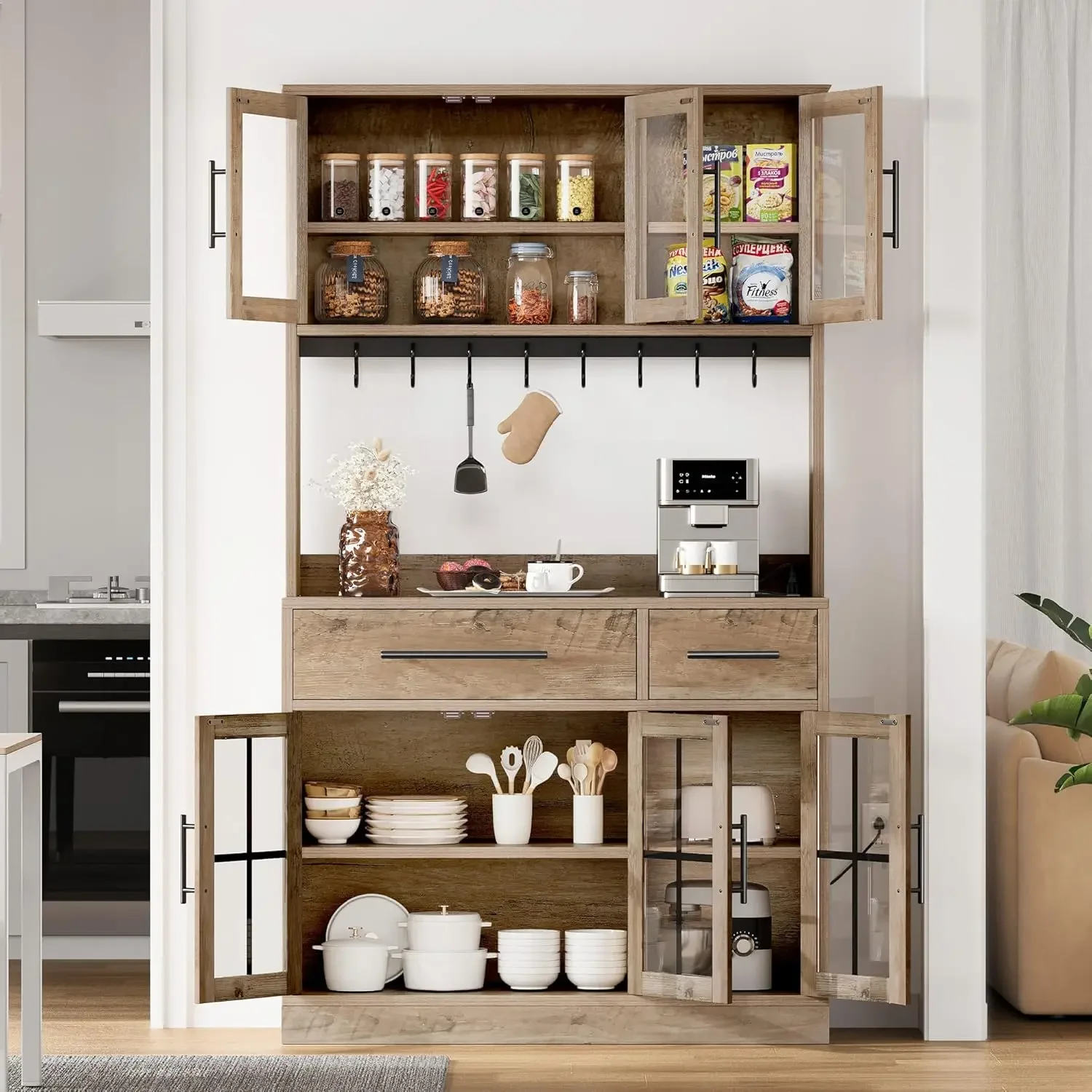 71" Farmhouse Kitchen Pantry Storage Cabinet with Power Outlet, Freestanding Hutch Cabinet