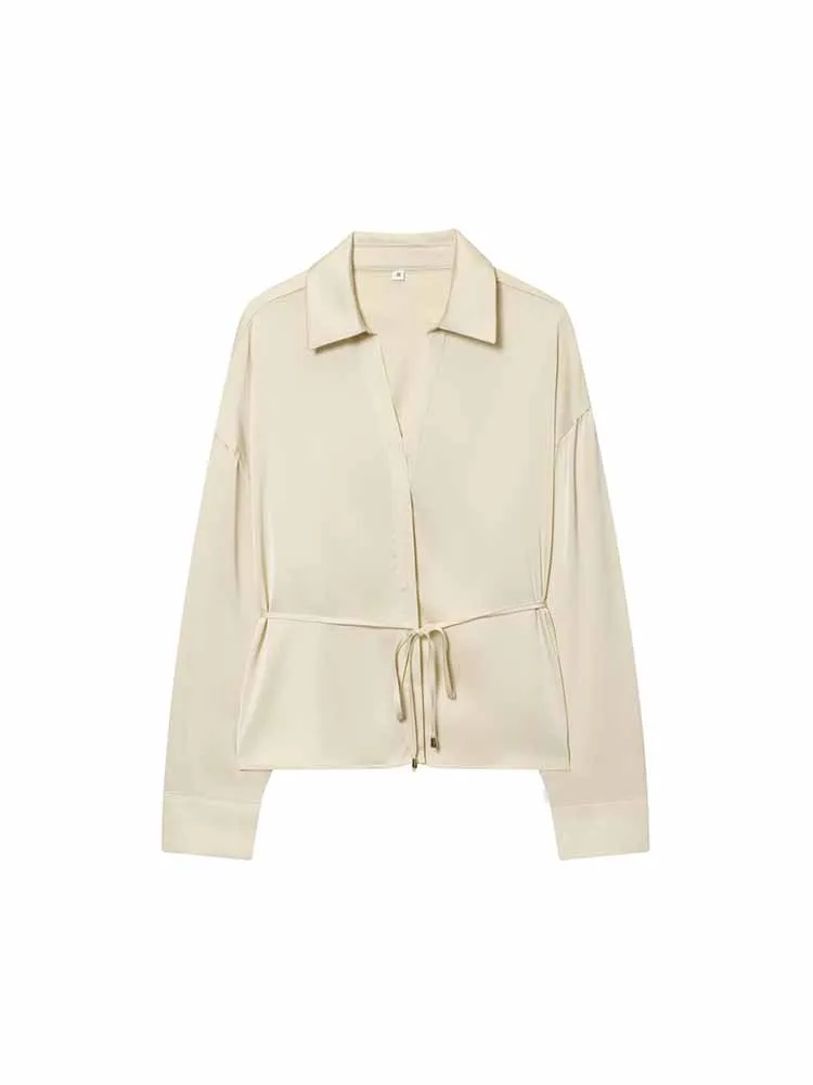 

Осенние новые поступления в европейском и американском стиле, модная женская одежда, универсальная текстурированная рубашка с тонким поясом и длинными рукавами