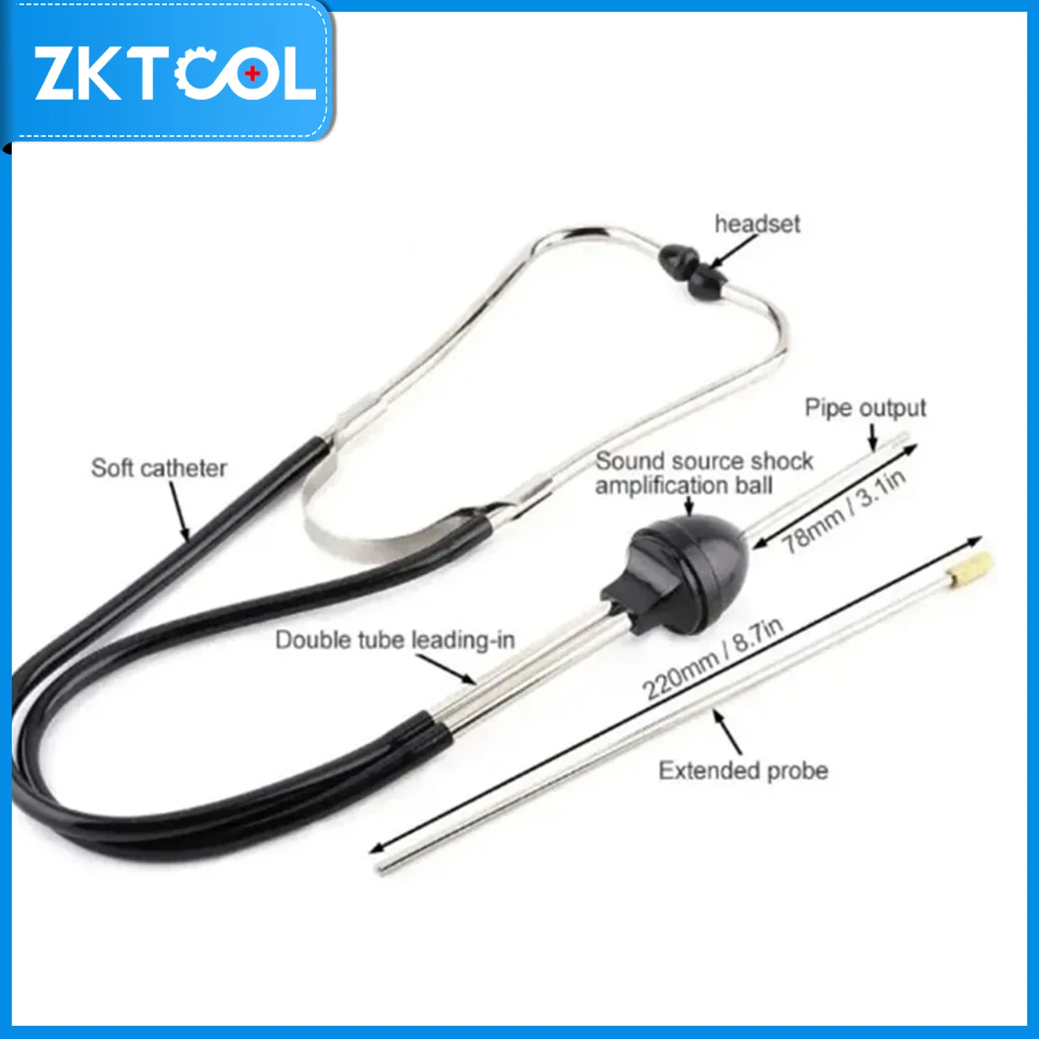 Engine stethoscope monitors engine bearings, motors, chassis, gearboxes, etc. for rust. Simple noisy stethoscope