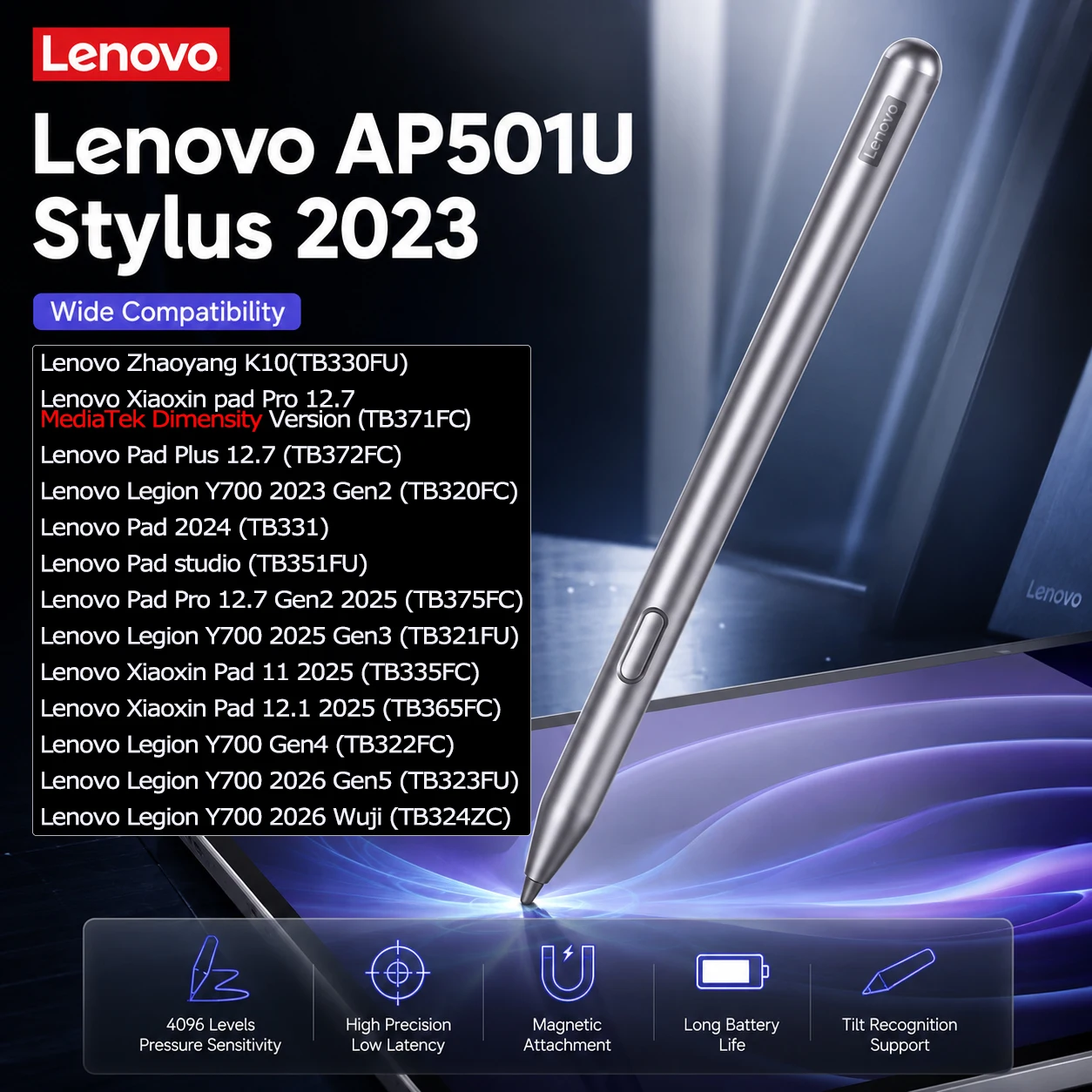 Lenovo AP501U Stylus 2023 4096 Level Pressure Remote Control Anti-Accidental Touch Ultra-Low Latency Quick Pairing For Lenovo
