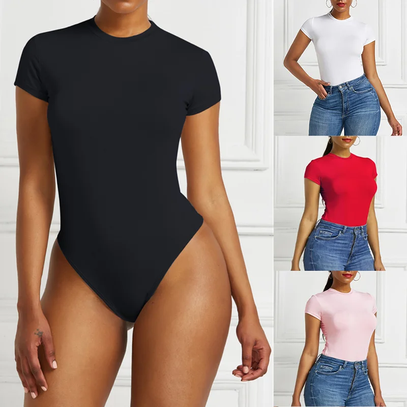 Body Sexy de una pieza para mujer, de manga corta con cuello redondo Bodycon, monos básicos abiertos en blanco, negro y rojo, Top ajustado