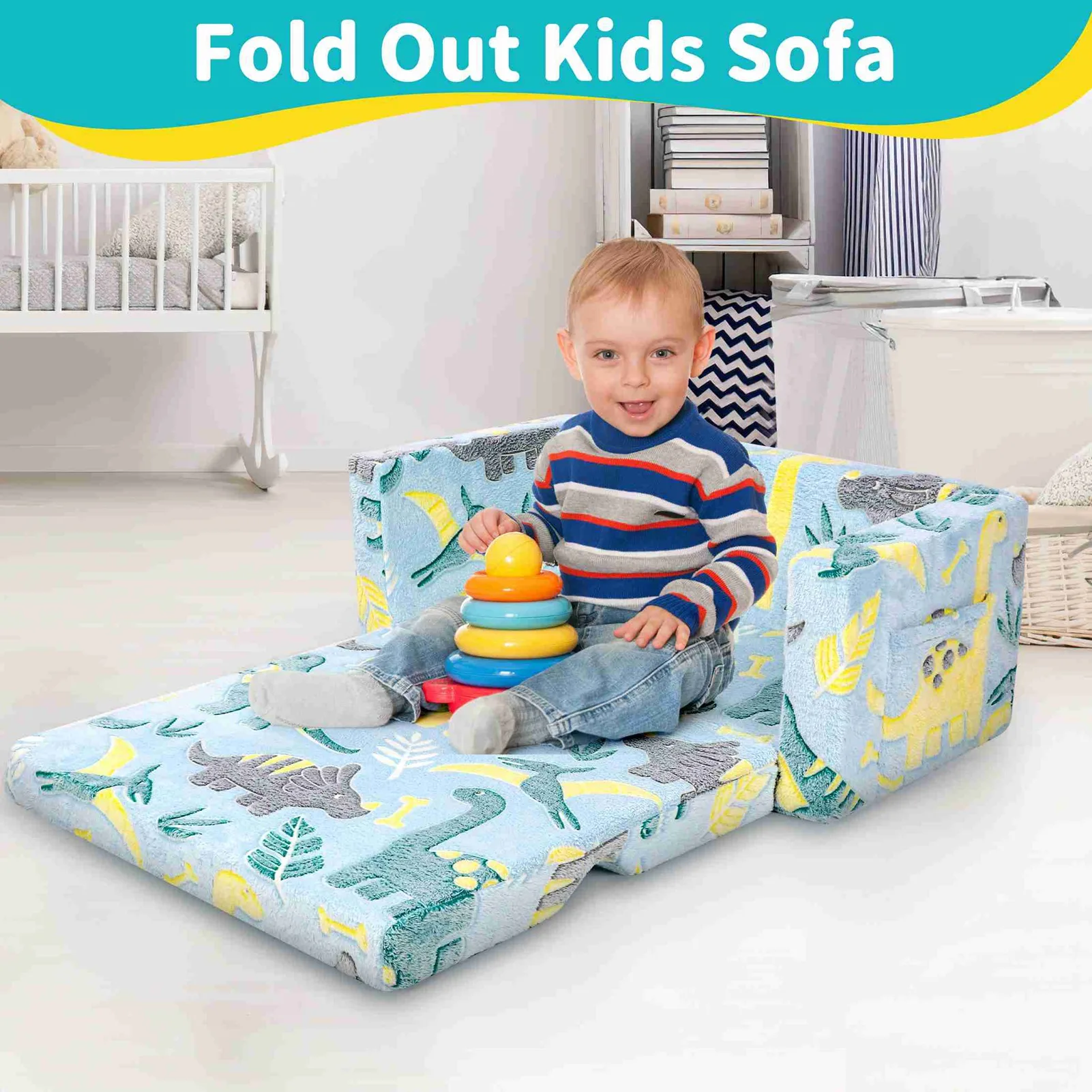 

Double Kids Couch Fold Out Sponge Dinosaur Pattern Ergonomic Comfort Zip Closure Kids Couch with Side Foldable Couch
