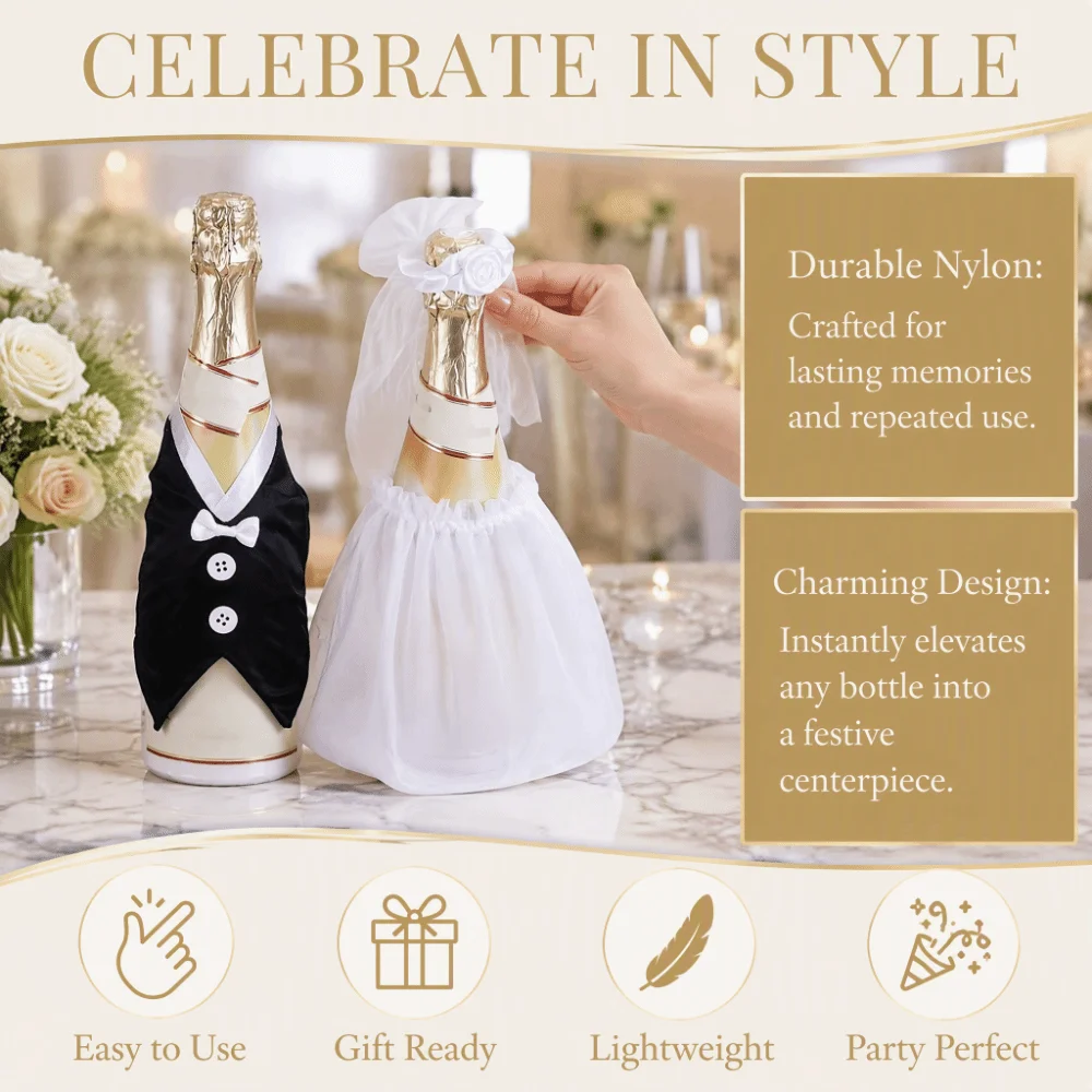 2Pcs/set Romantic Wine Bottle Cover Black/White Gifts Wedding Bottle Dress Nylon Bridal Bottle Cover Wedding Anniversary Party