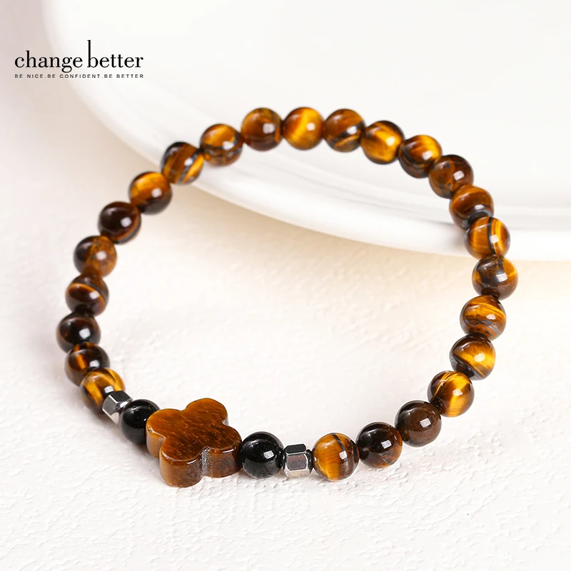 Change Better Natural Yellow Tiger Eye Stone Four-Leaf Clover Lucky Bracelet Women 6mm Bead Charm Energy Stretch Yoga Bangles