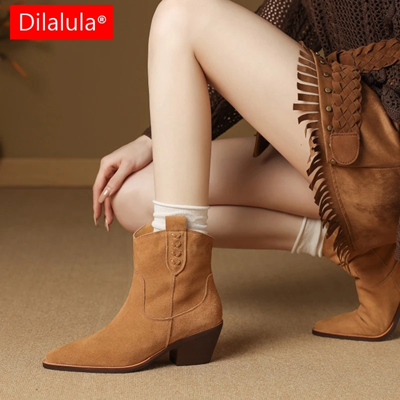

Dilalula 2026 Plus Size 34-43 Cow Suede Western Style Short Boots Women Pointy Toe High Chunky Heels Slip On Retro Cowboy Boots