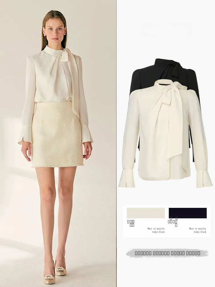 

Ele Bla irt Women's Korean Sle Design Sensation Spring Autumn New Faion Tie Waist Top Luxury mat Faion