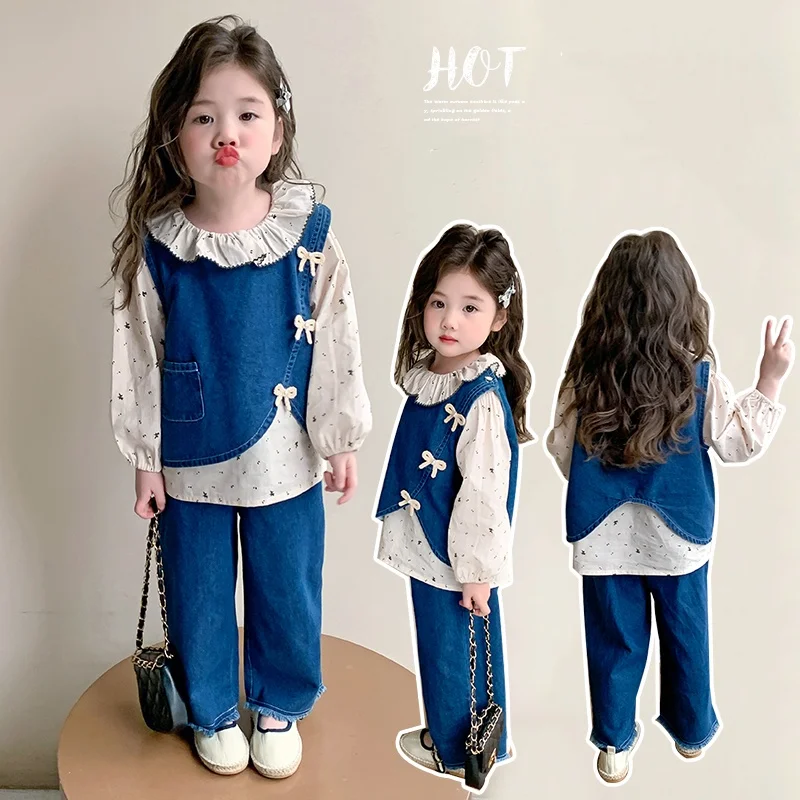 

Girls Clothes Set Size 2-9Y Kid Denim Vest Top+Shirt+Jeans Bottom Suit Child 3Psce Of Clothing Sets Toddle Girl Casual Denim Set