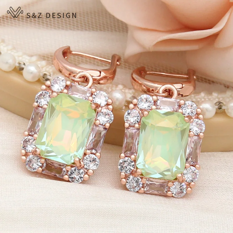 S&Z DESIGN New Fashion Rectangle Crystal Dangle Earrings For Women 585 Rose Gold Color Wedding Jewelry Cubic Zirconia Eardrop